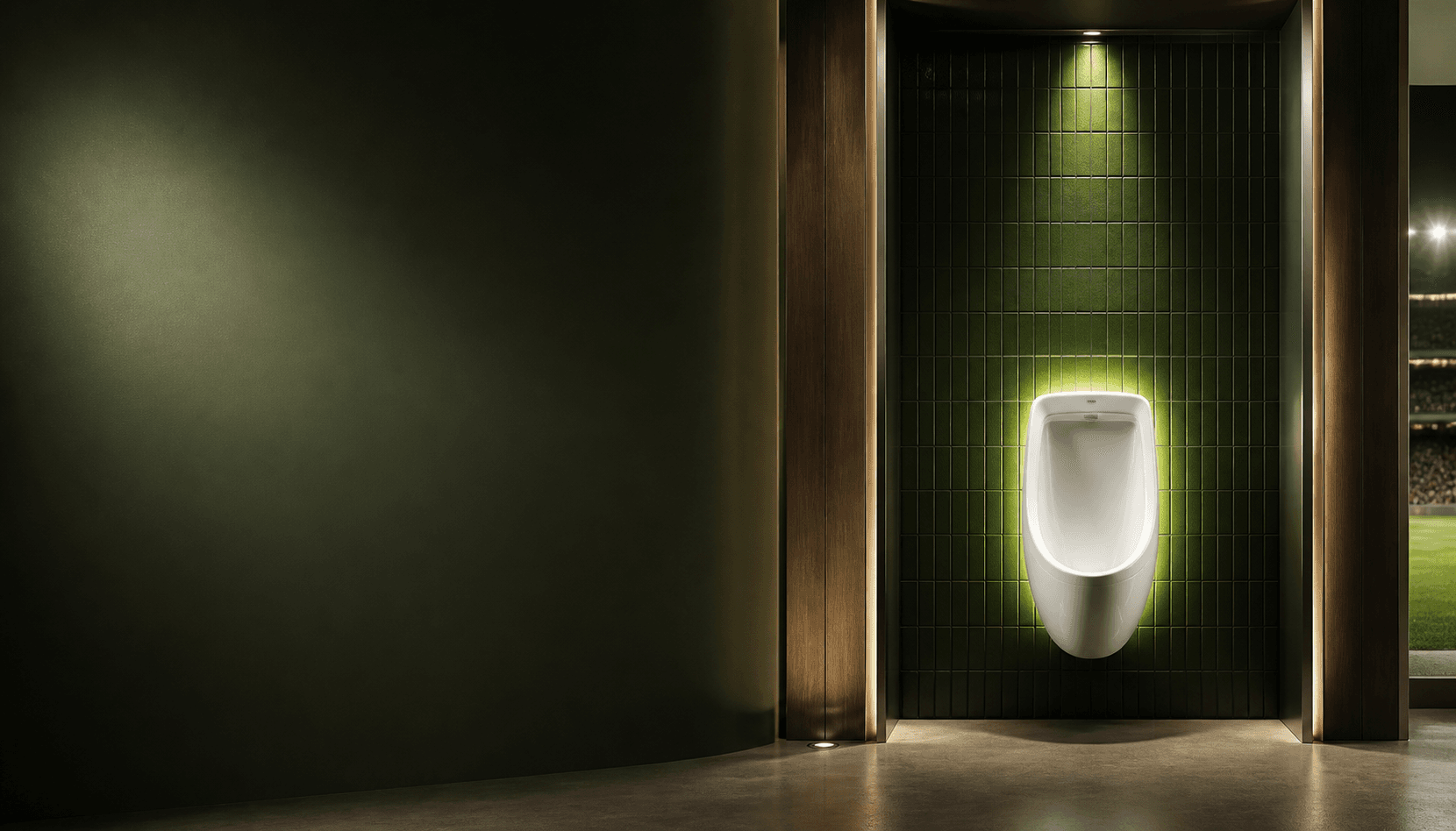 A modern urinal presented like a championship display inside a stadium
